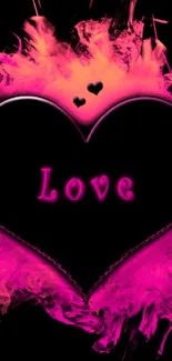 Vibrant pink heart with flames on dark background wallpaper.