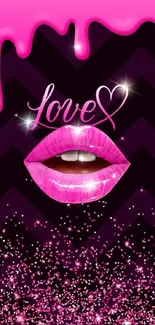 Glossy pink lips with love text and glitter background on wallpaper.