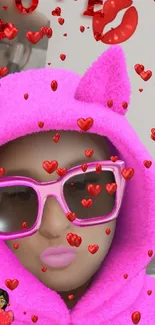 Chic pink hoodie with sunglasses and love theme in vibrant mobile wallpaper.