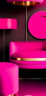 Vibrant pink chair and lamp with gold accents on a modern backdrop.