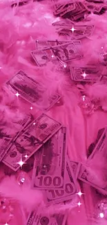 Pink wallpaper with dollar bills and diamonds, creating a luxurious vibe.