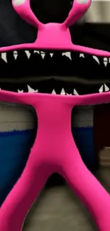 Cartoon pink monster with sharp teeth in a dimly lit setting.