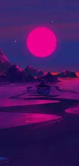 Vibrant pink moon over a tranquil river with a boat.