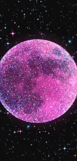 Sparkling pink moon with stars on mobile wallpaper.