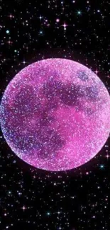 Vibrant pink moon with stars on a cosmic background.