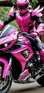 Futuristic biker in vibrant pink armor riding a motorcycle.