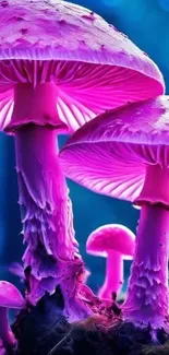 Vibrant pink mushrooms glowing in the forest.