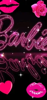 Bright pink neon Barbie wallpaper with lips and rose.