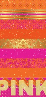 Vibrant pink and orange wallpaper with patterns and gold accents.