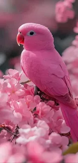 Pink parrot sitting among pink blossoms.