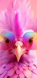 Pink parrot with sunglasses in vibrant hues.