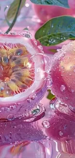 Pink passion fruit with vibrant, fresh droplets.