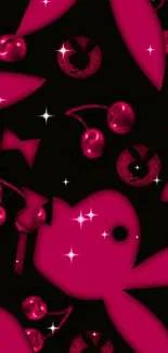 Bold pink and black wallpaper with bunnies and cherries.