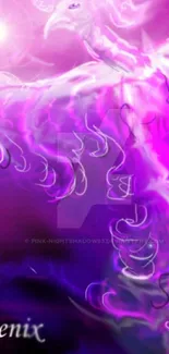 Vibrant pink phoenix soaring in purple sky artwork.