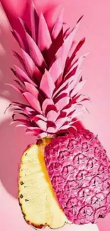 Vibrant pink pineapple on pastel background.