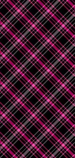 Vibrant pink plaid wallpaper with diagonal patterns on a black background.