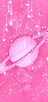 Whimsical pink planet wallpaper with stars.