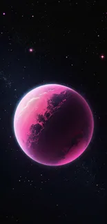 A vibrant pink planet against a cosmic black background.