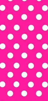 Vibrant pink wallpaper with white polka dots.