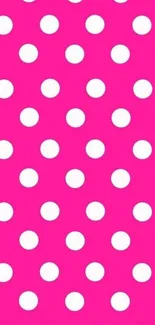 Bright pink wallpaper with white polka dots.