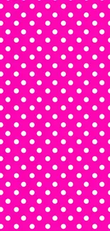 Vibrant pink polka dot wallpaper with white dots.