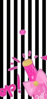 Pop art wallpaper with pink bottle and stripes.