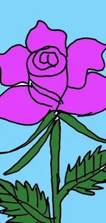 Stylized pink rose with green leaves on a sky blue background.