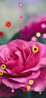 Close-up of a vibrant pink rose with floating colorful flowers.