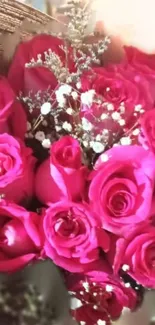 Vibrant hot pink roses with white accents in a bouquet.