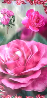 Pink roses with dewy petals and vibrant floral display.