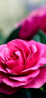 Close-up of a vibrant pink rose in full bloom with lush green leaves.