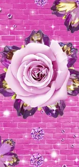 Vibrant pink rose wallpaper with floral accents and a brick background.