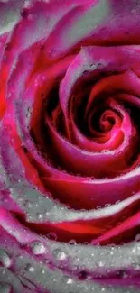 Close-up of a vibrant pink rose with dewdrops.