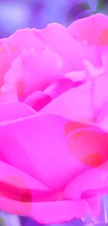 A vibrant pink rose with a soft, colorful background.