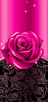 Mobile wallpaper with vibrant pink rose and ornate black floral pattern.