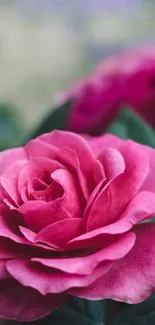 Close-up of vibrant pink rose in full bloom with lush green leaves.