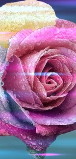 Vibrant pink rose with dewdrops and rainbow colors.