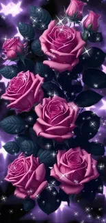 Mobile wallpaper with pink roses and sparkling purple stars.