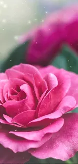 Close-up of a vibrant pink rose with soft-focus leaves in the background.