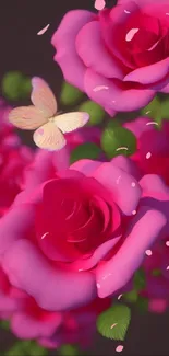 Vibrant mobile wallpaper with pink roses and butterflies.