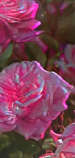 Vibrant pink roses with digital glitch effect.