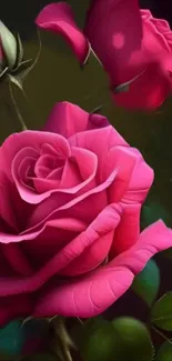 Close-up of vibrant pink roses with green leaves.