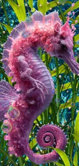 Colorful pink seahorse in underwater setting with vibrant details.