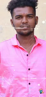 Portrait of a man in a vibrant pink shirt with colorful effects.