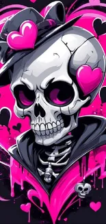 Pink skull with hearts mobile wallpaper, vibrant and trendy.