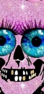 Sparkling pink skull with vibrant blue eyes.