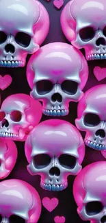 Vibrant pink skulls with heart accents on a dark background.