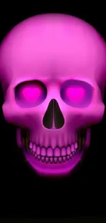 Neon pink skull with heart-shaped eyes on black background.