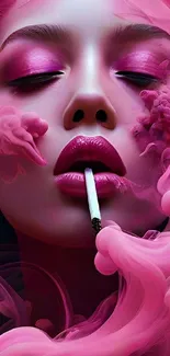 Surreal pink smoke art with bold makeup.