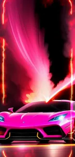 Vibrant pink sports car speeding with dynamic light trails.